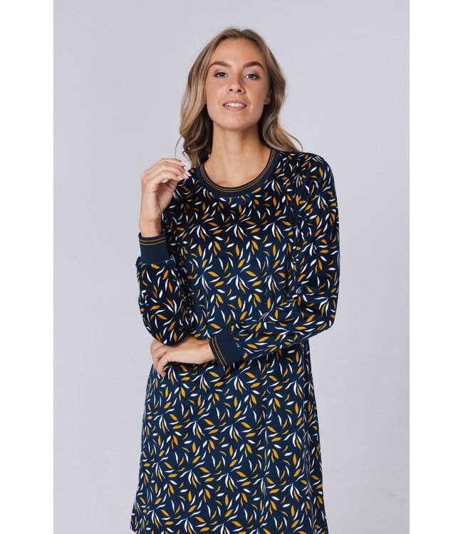 Blauwgroene lounge- huisjurk van zachte velours fleece 'abstract forest flowers'