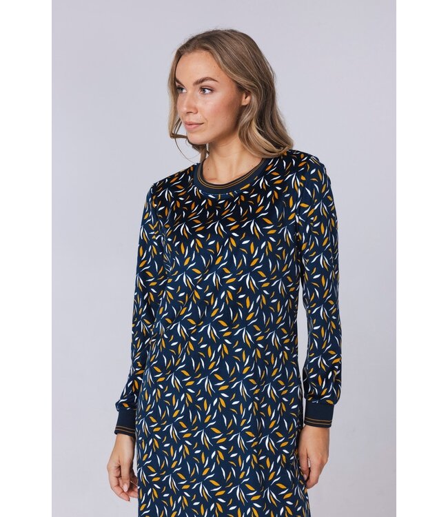 Blauwgroene lounge- huisjurk van zachte velours fleece 'abstract forest flowers'