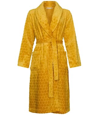 Pastunette Gele, overslag ochtendjas van zachte flanel fleece 'dotty circles'