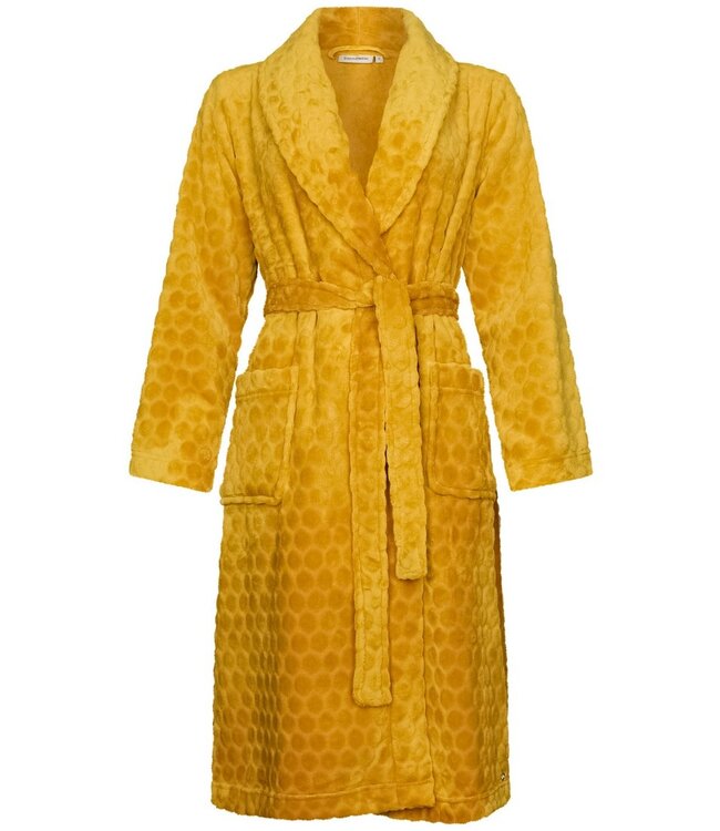 Gele, overslag ochtendjas van zachte flanel fleece 'dotty circles'