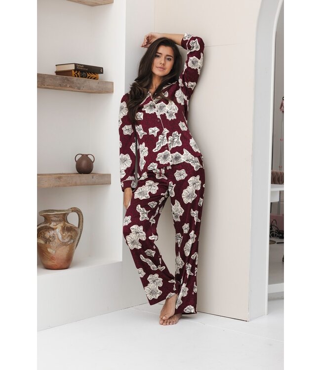 doorknoop dames pyjama van polyester-satijn mix 'bold blooms'
