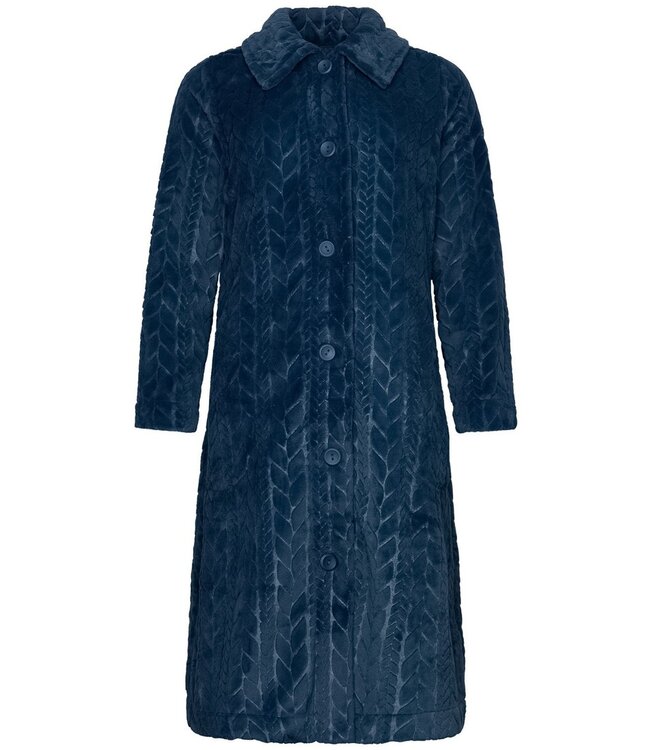 Warme fleece, blauwe ochtendjas met knoopsluiting ‘embossed weaves’