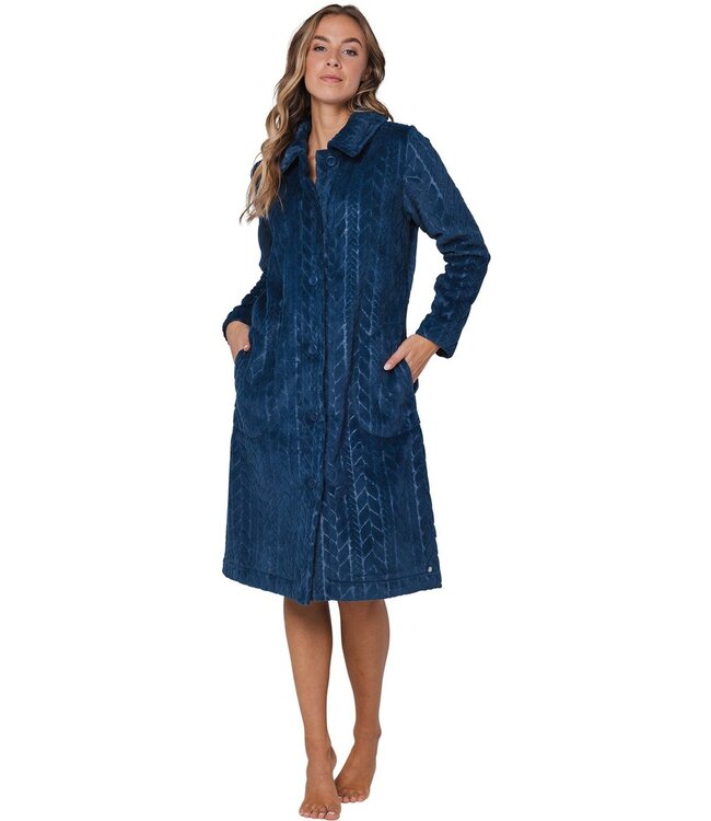 Warme fleece, blauwe ochtendjas met knoopsluiting ‘embossed weaves’
