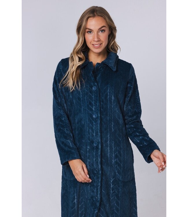 warm fleece full button blue morning gown 'embossed weave'