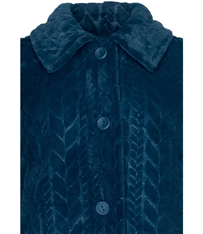 Warme fleece, blauwe ochtendjas met knoopsluiting ‘embossed weaves’