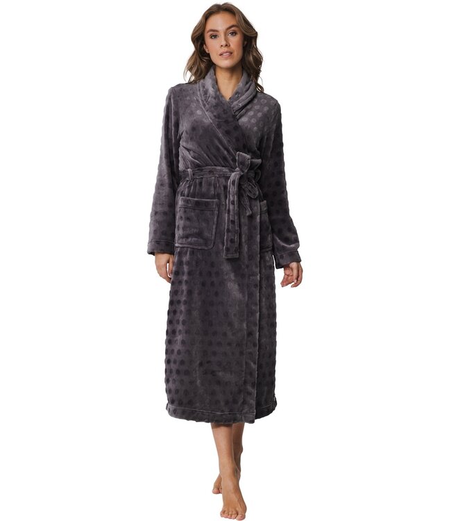 extra long soft flannel fleece dark grey wrap-over morninggown 'dotty circles'