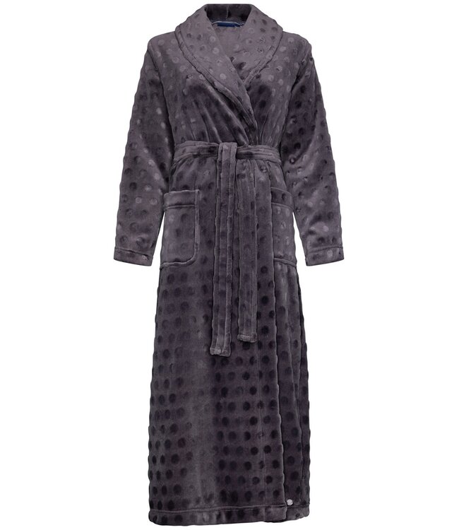 extra lange, zachte flanel-fleece donkergrijze overslag ochtendjas 'dotty circles'