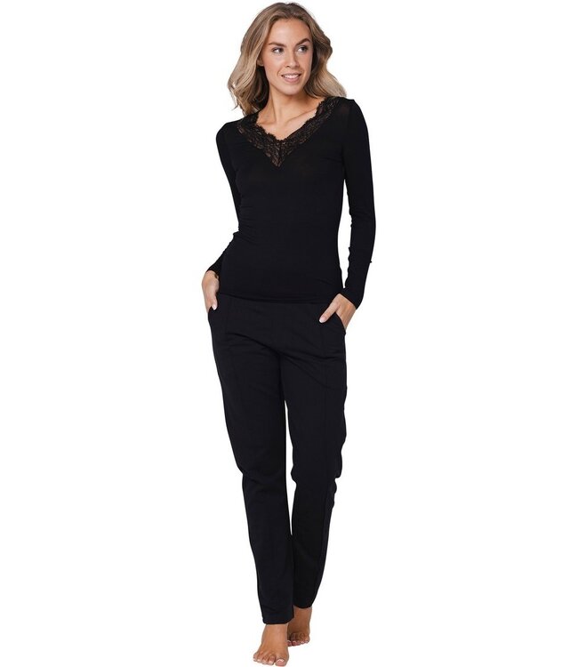 black v-neck lace long sleeve top mix it women