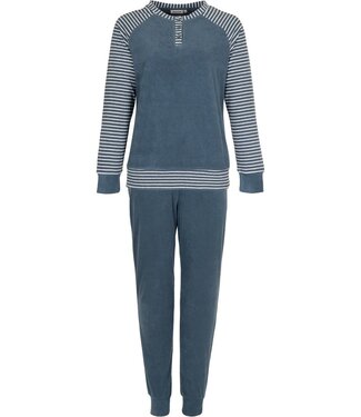 Pastunette donkerblauwe katoenen badstof pyjama met knopen 'comfort stripes'