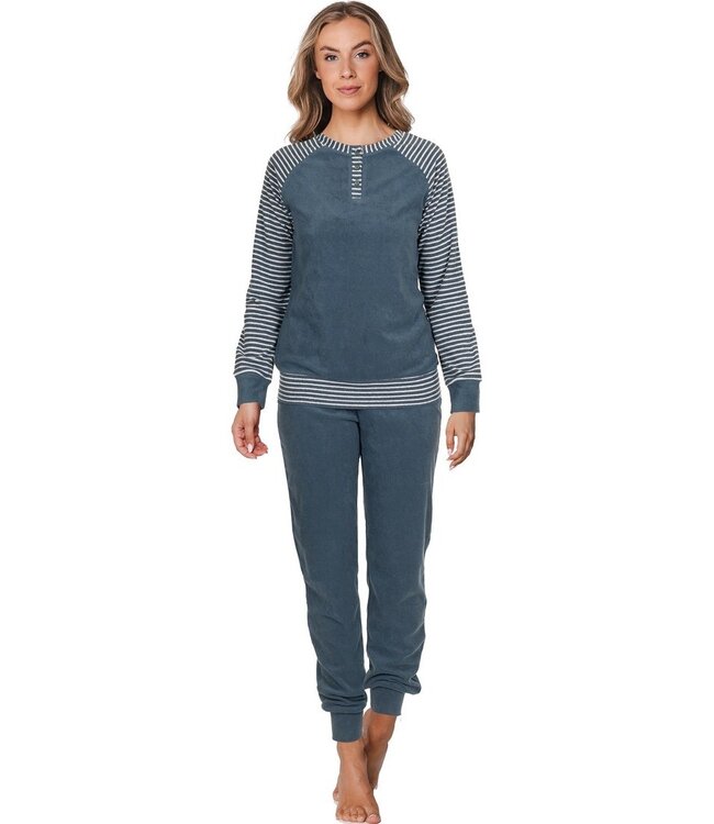 dark blue cotton terry pyjama set with buttons 'comfort stripes