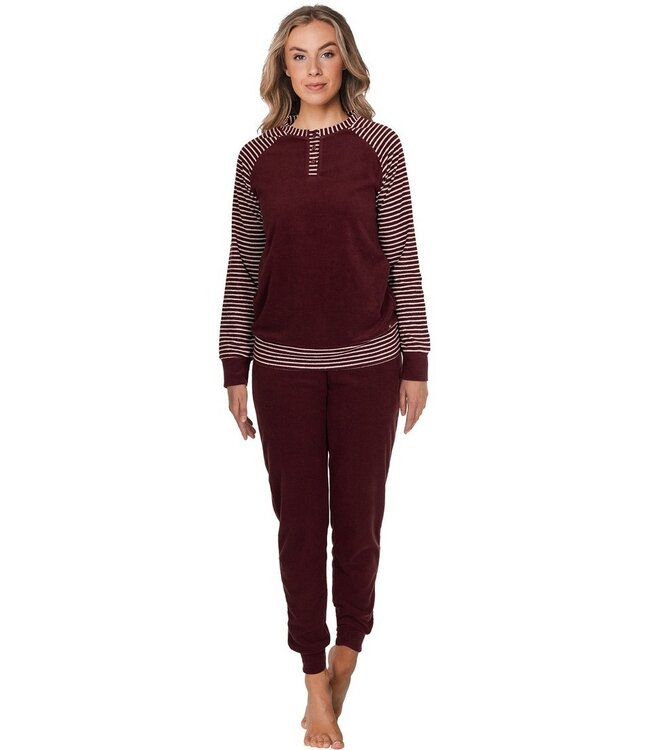 donkerrode katoenen badstof pyjama met knopen 'comfort stripes'