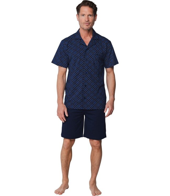 blue squares full button cotton shorty set 'comfort men'