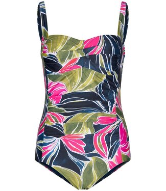 Pastunette Beach Donkerblauw scallop badpak met soft cups, powernet en Tropical Leaf