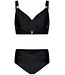 black v neck soft cup bikini with gold detail beautiful beach