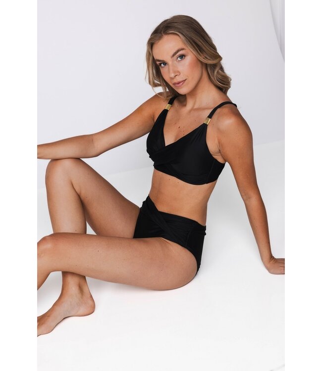 black v neck soft cup bikini with gold detail beautiful beach