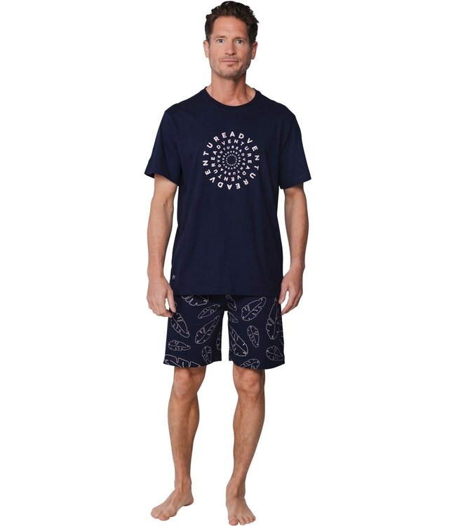 blauwe heren shorty set van katoen met print Palm Adventure Holiday