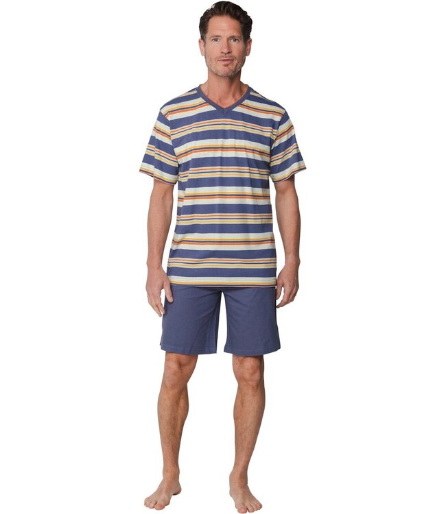 men's grey 'v' neck cotton shorty set with cuffs groovy stripes