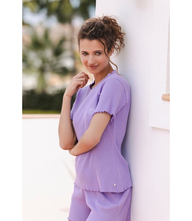 lilac short sleeved cotton-mix ladies shorty set fabulous flower