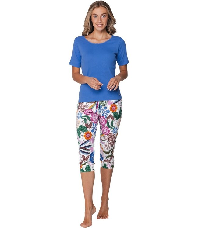 ladies short sleeve organic cotton ribbed pyjama set tropical flower