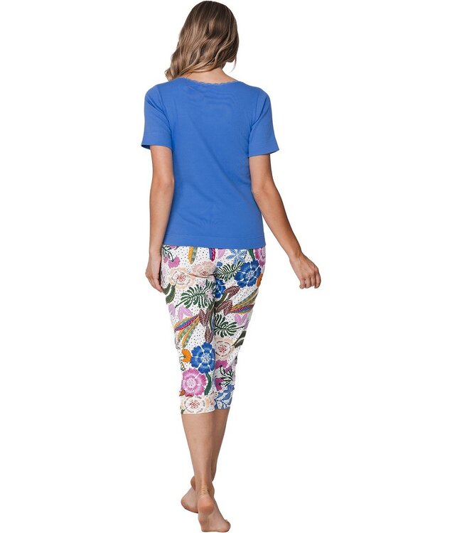 biologisch katoenen dames rib pyjama set korte mouw tropical flower