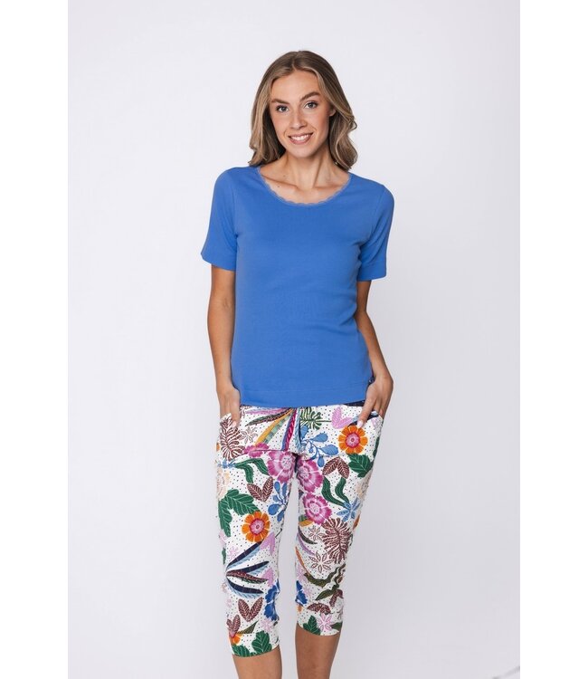 ladies short sleeve organic cotton ribbed pyjama set tropical flower