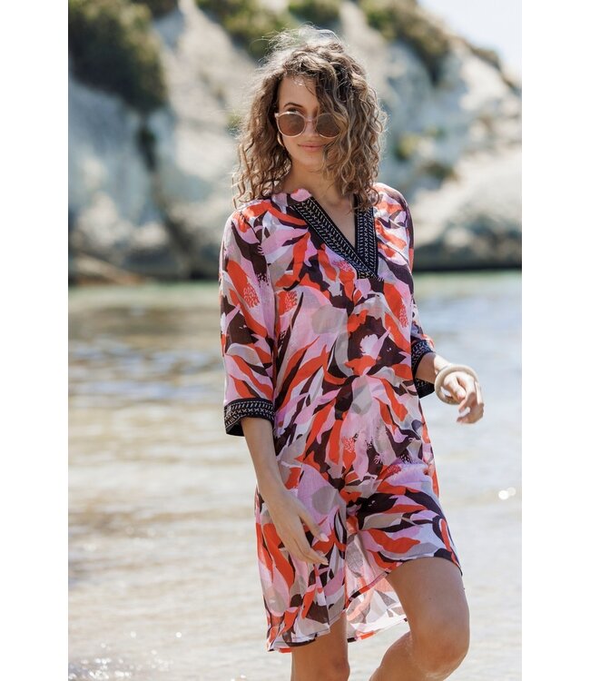 3/4 sleeve woven cotton beach dress cover-up paradise pink
