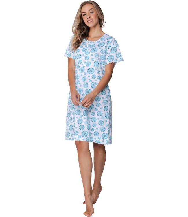 short sleeve organic cotton nightdress with 5 buttons bold blue flower