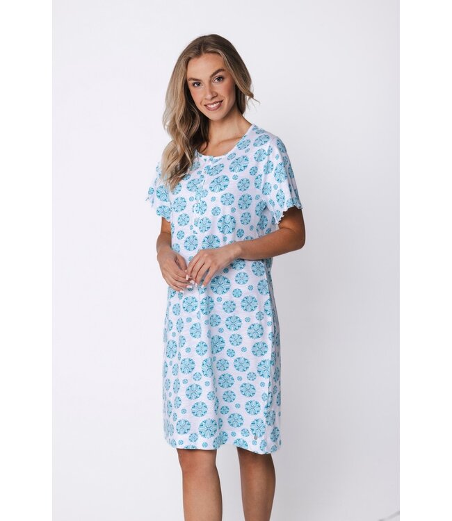 biologisch katoenen nachthemd korte mouw met 5 knopen Bold Blue Flower