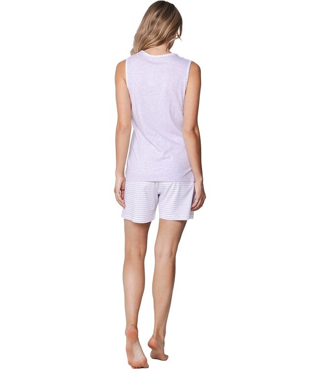 ladies lilac sleevesless cotton shorty set stripey lilac