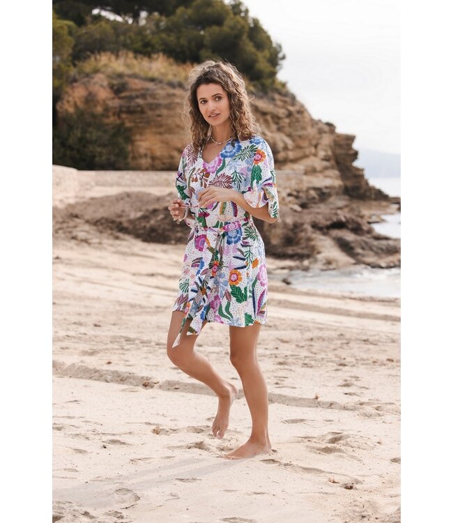 v-hals strand cover up met uitlopende mouw tropical flower