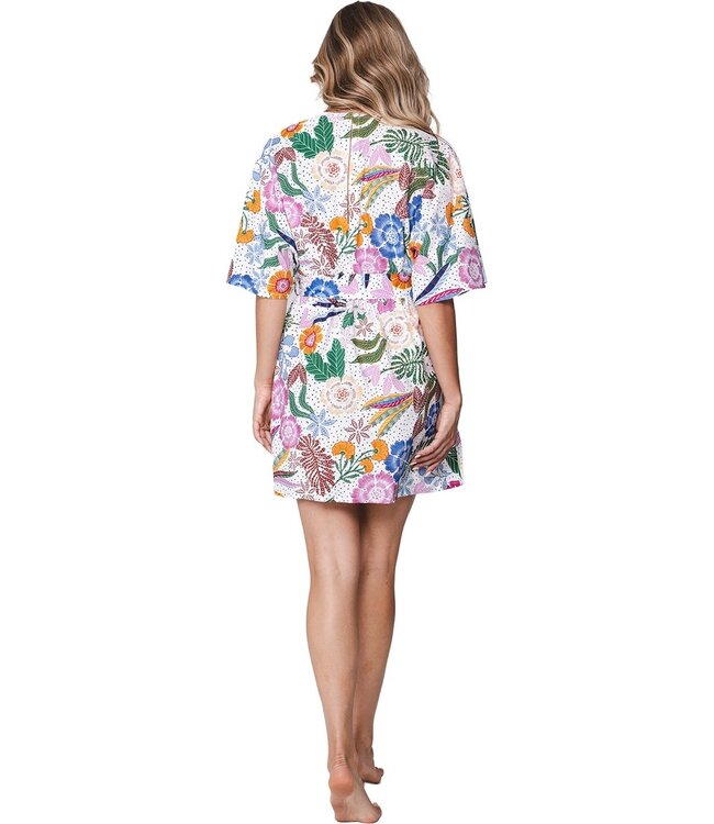 v-hals strand cover up met uitlopende mouw tropical flower