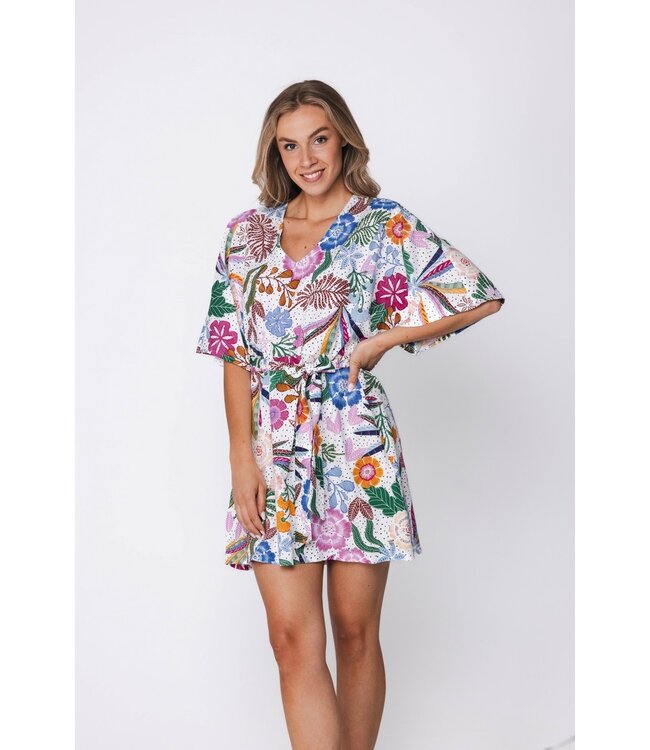 v neck beach dress- cover up with flared sleeve tropical flower