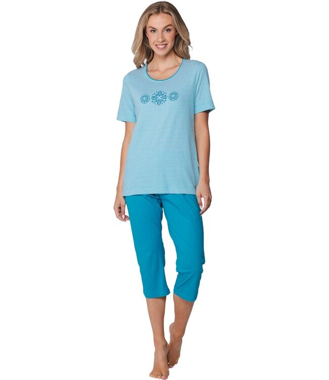 blauw gestreepte katoenen damespyjama 3/4 Bold Blue Flower