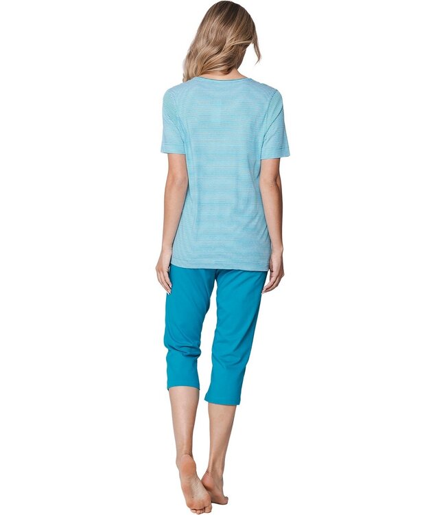 ladies blue stripey short sleeve cotton 3/4 pyjama bold blue flower