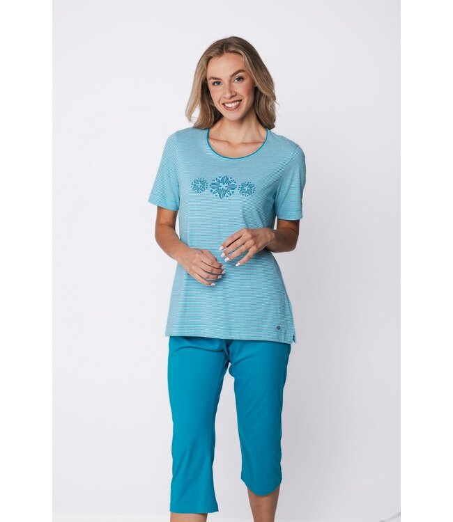 ladies blue stripey short sleeve cotton 3/4 pyjama bold blue flower