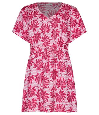 Rebelle Beach roze viscose dames v-hals strand cover up met taillekoord palm waves