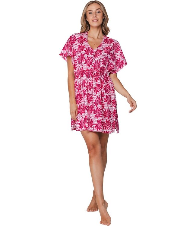 pink woven viscose v-neck beach cover up with tie-waist palm waves