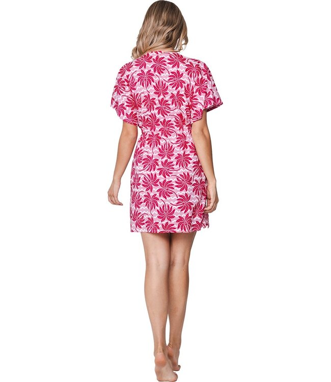 pink woven viscose v-neck beach cover up with tie-waist palm waves