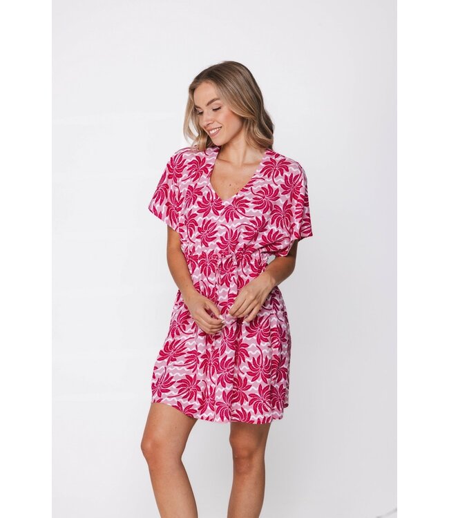 pink woven viscose v-neck beach cover up with tie-waist palm waves