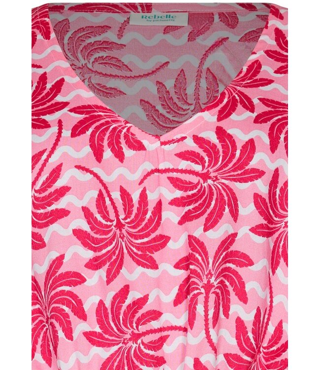 pink woven viscose v-neck beach cover up with tie-waist palm waves