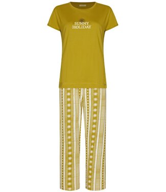 Rebelle jadegroen katoenen dames pyjama met wijde pijpen dotty sunflower