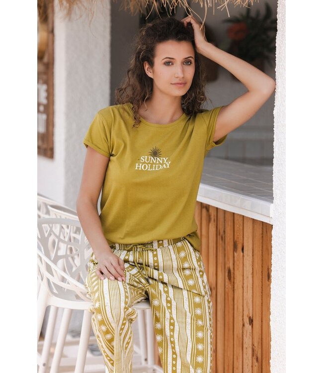 jadegroen katoenen dames pyjama met wijde pijpen dotty sunflower