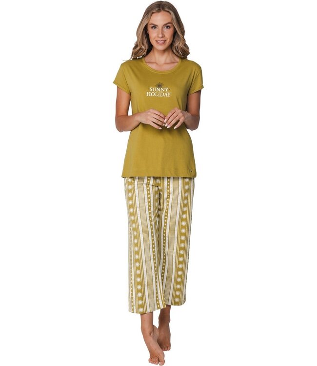 jadegroen katoenen dames pyjama met wijde pijpen dotty sunflower