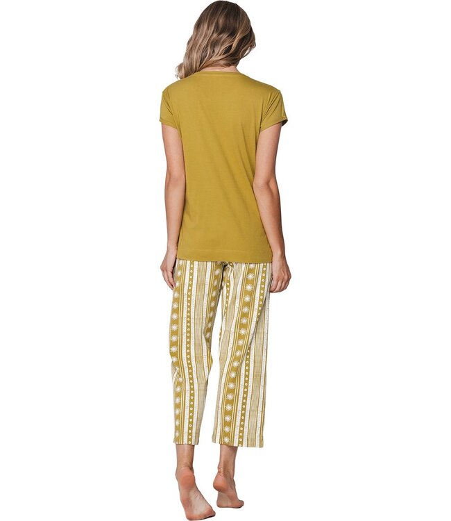 jadegroen katoenen dames pyjama met wijde pijpen dotty sunflower