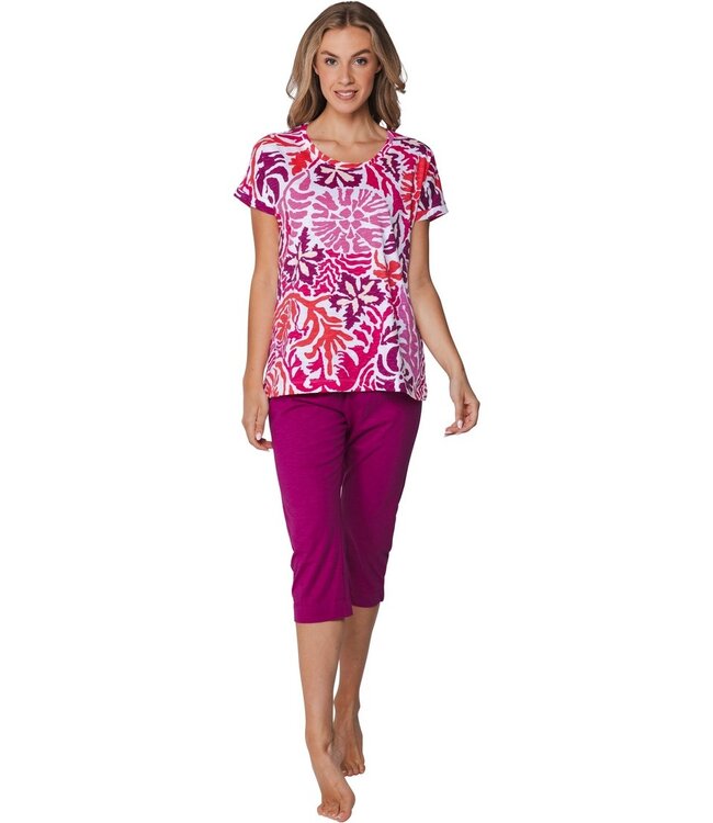 ladies short sleeve organic cotton 3/4 pyjama coral flowers