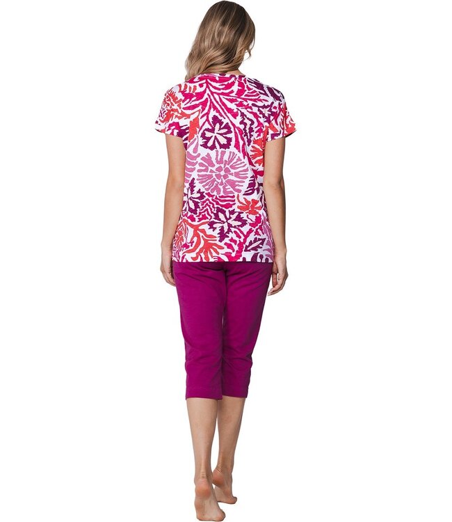 ladies short sleeve organic cotton 3/4 pyjama coral flowers