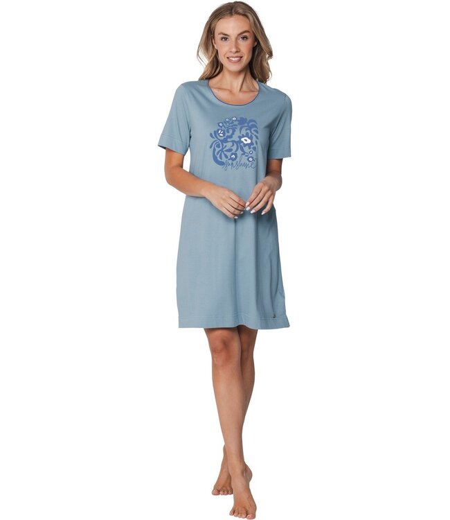 blue short sleeve organic cotton nightdress floral art
