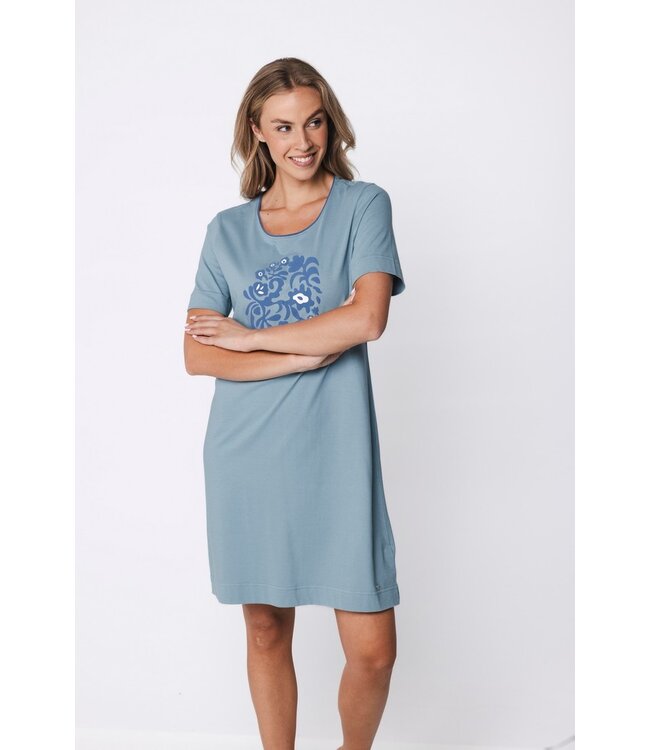 blue short sleeve organic cotton nightdress floral art