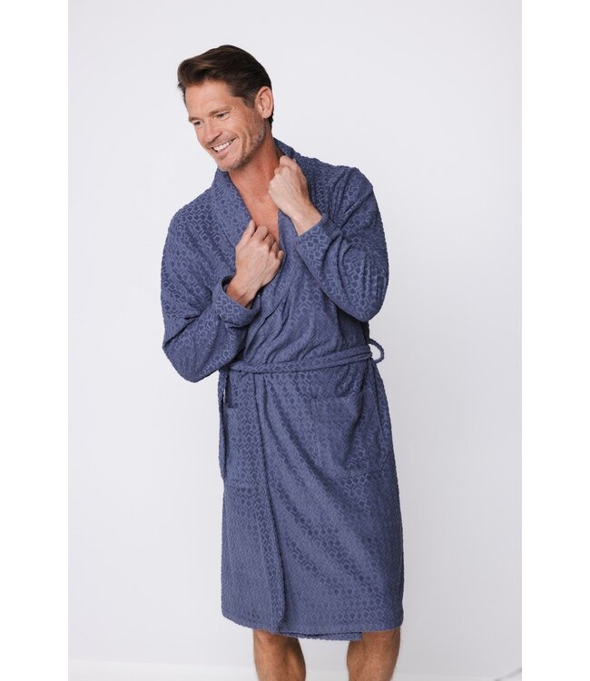 men's grey  cotton jaquard terry  wrap-over bathrobe geometric groove