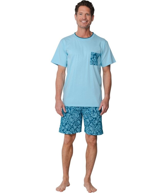 men's sea blue round neck cotton shorty set hawaiian holiday